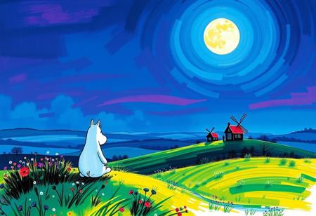 score_9, score_8_up, vivid colors, vibrant colors,  Expressive, vivid colors,  Moomin:3, Moomintrollen:3,  far away, wallpaper, beautiful landscape, masterpiece, moon, moonlight,
looking in the distance:3, backview, looking at moon, windmill