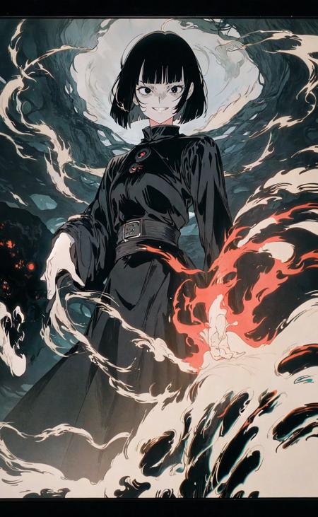 80s anime screencap, masterpiece, best quality, black medium bob cut Black eyes, evil grin, flowing black dress, forest background, dark black smoke aura, battle