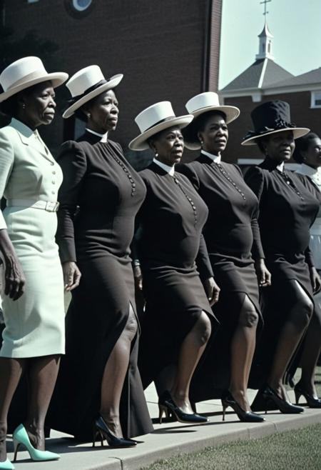 ultra realistic 
Dark Sci-Fi.  faded film, desaturated, 35mm photo, grainy, vignette, vintage, Kodachrome, Lomography, stained, highly detailed, found footage
 group of ((70 years old enslaved) african american women wearing heels and church hats:1.80) 
standing in a line as they prepare to invade a  megachurch. The (women's eyes are glazed over:1.80), with a hint of a trance-like state, suggesting they are under the control of the MKULTRA program.
In the background, a large megachurch stage. However, the atmosphere is tense and foreboding, as if the women are about to disrupt the peaceful lives of the townspeople.
(Each woman is holding a (((mysterious device that glows with an eerie, pulsing light))). The devices seem to be emitting a strange energy that is affecting the african american women, further emphasizing their trance-like state.:2.0)
(thick thighs:1.8) (Massive breasts:1.6) (evil smile:1.8)