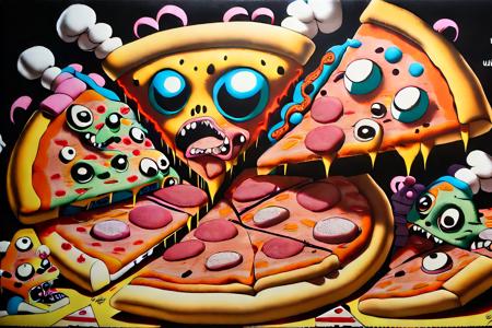 pizza_dreams I want some pizza, in the style of cartoonish chaos, guatemalan art, intriguingly taboo, zombiecore, hatching, ken sugimori, multilayered mixed media