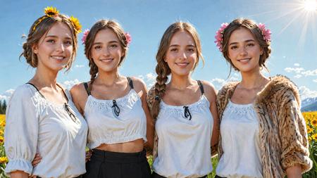 Drawing, Stupid Happy German (3 women:1.3) , in outfit made by Riot games, [Cottagecore| Maori] background, flowers, Sun in the sky, Simple Contemporary, L USM, fauna, Parched, Baggy deep Fur, luxurious, Zen, extremely stylish, highly detailed, beautiful