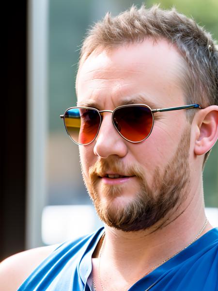 RAW photo of (AlexHorne:0.99) a man, wearing a yellow tank top, with black sunglasses on the head , detailed face, realistic skin, high quality, (blue eyes:1.1), Leica 50mm, f1. 4, natural light, grainy, (high detailed skin:1.2), high detail