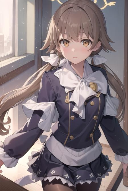 bluearchivehifumi, <lora:bluearchivehifumi-lora-nochekaiser:1>, 
hifumi, brown hair, hair between eyes, hair bow, hair ribbon, halo, long hair, low twintails, sidelocks, twintails, wing hair ornament, (brown eyes:1.5), (flat chest:1.),
BREAK black pantyhose, black skirt, long sleeves, pantyhose, pleated skirt, ribbon, school uniform, serafuku, skirt,
BREAK looking at viewer, 
BREAK indoors, classroom,
BREAK <lyco:GoodHands-beta2:1>, (masterpiece:1.2), best quality, high resolution, unity 8k wallpaper, (illustration:0.8), (beautiful detailed eyes:1.6), extremely detailed face, perfect lighting, extremely detailed CG, (perfect hands, perfect anatomy),