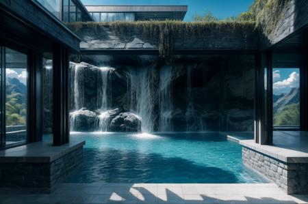 black modern villa into the montain, on the edge of a cliff surrounded by waterfalls, cloudy weather, intricated architecture, (view from upper front:1.3),  black walls, photo from far away, 
(masterpiece),(high quality), best quality, real,(realistic), super detailed, (full detail),(4k),8k,pool, window, no humans, scenery,outdoors, mystic,  bridge, <lora:_20230805154543:1><lora:add_detail:1.0>