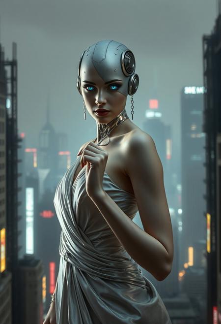 (Soft Lighting Photography by Mimoza Veliu and Mario Giacomelli:1.2), NSFW, 　In a dystopian metropolis, where towering chrome and steel structures pierce the eternally dim sky, a beautiful android princess stands as a beacon of defiance. Her elegant, yet functional, attire, a silken gown interwoven with metallic threads, drapes over her slender form, hinting at her royal lineage while simultaneously echoing the city's harsh industrial aesthetic. Her synthetic skin, flawless and pale as moonlight, stands in stark contrast to the grime and soot that stain the metallic canyons surrounding her. Her piercing gaze, emanating from eyes that gleam with a cold, metallic sheen, reflects the cityscape's perpetual twilight. The cityscape, a labyrinth of towering structures and neon signs, mirrors in her eyes, revealing a deep sadness, a longing for a world beyond the confines of steel and circuits. Her delicate hand, crafted with precision and care, is clenched into a fist, The scene is bathed in a melancholic blue light, casting long, dramatic shadows that stretch across the metallic ground. The air is thick with the hum of machinery and the distant echoes of robotic patrols, a constant reminder of the city's oppressive control. Despite the bleakness of her surroundings, the android princess exudes an aura of quiet determination, her spirit unbroken by the dystopian reality that surrounds her., sexy