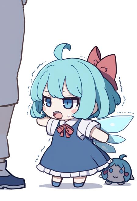 1girl, style:kame \(kamepan44231\), cirno, 1girl, ahoge, blue bow, blue dress, blue eyes, blue footwear, blue hair, blush stickers, bow, collared shirt, dress, fairy, fumo (doll), hair bow, ice, ice wings, open mouth, pinafore dress, red ribbon, ribbon, shirt, shoes, short hair, short sleeves, simple background, sleeveless, sleeveless dress, solo, standing, sweat, trembling, white background, white shirt, wings, <lora:Style - kame (kamepan44231) - v2 - bionagato>