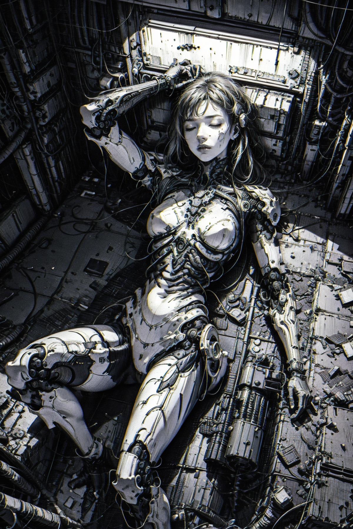 A woman in a futuristic image with a robotic arm and leg.