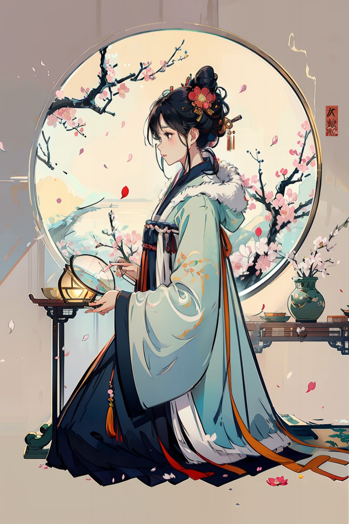 masterpiece, best quality, <lora:hanfu:1>,hanfukozue, 1girl, solo, black hair, hair ornament, sitting, hair flower, hair b...