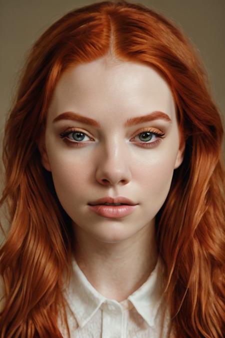 hyper-realistic portrait of a mysterious woman, 18yo, redhead, face shot