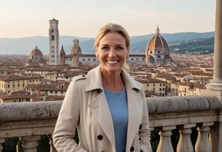 A single, hyper-detailed, ultra-high-resolution (8K) portrait of a 40-year-old woman with sleek blonde hair tied back. Real Face, natural teeth, no plastic face, subtle wrinkles,natural warm  skin texture, Her striking blue eyes, natural laugh lines, and subtle wrinkles convey a grounded, elegant charm. She wears a tailored beige trench coat layered over a soft cream sweater and fitted jeans. She stands confidently alone near a classic stone balustrade in Florence, with the majestic dome and intricate marble façade of the Duomo (Santa Maria del Fiore) rising behind her, bathed in warm, late afternoon Tuscan light. The image is composed with a shallow depth of field, focusing on her expression and presence while gently blending the iconic Renaissance architecture in the background.