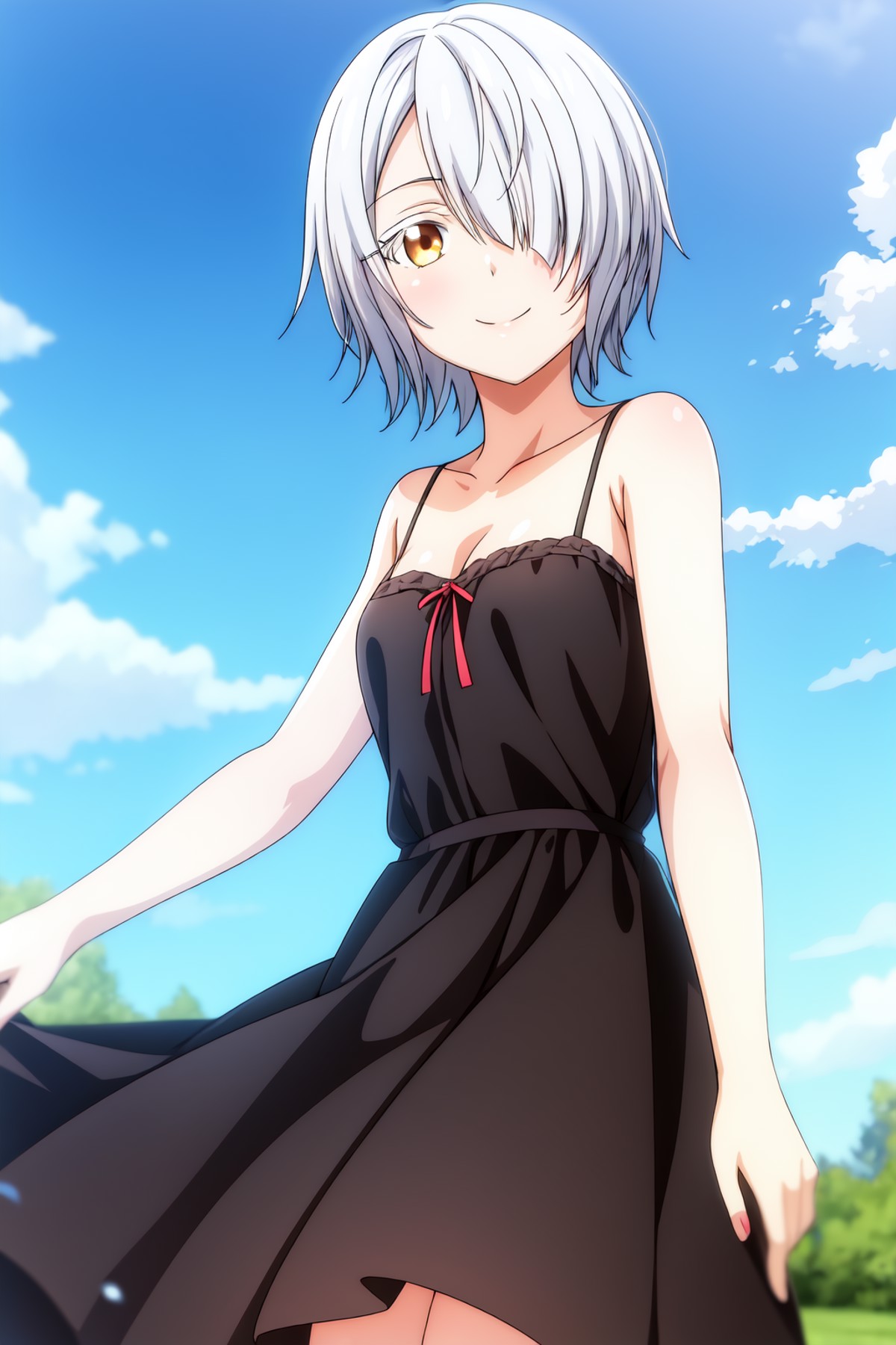 1girl, solo, looking at viewer, smile, short hair, white hair, golden-brown eyes, outdoors, sky, day, cloud, hair over one...