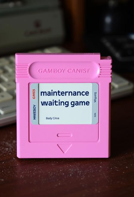 A pink gameboy cartridge that says "maintenance the waiting game" background is a wooden desk with dust