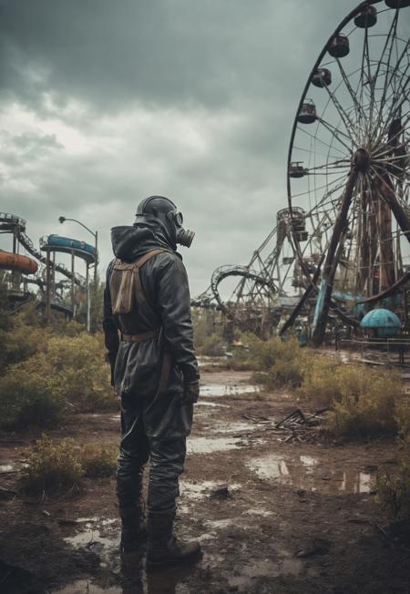 hypertdetailed photography, man with gas mask standing far away on the horizon, desolate, futuristic amusement park, overgrown and deteriorated, post apocalyptic, faded colors and broken rides, creepy atmosphere, interstellar, panorama shot, rainy, desaturated, dramatic lighting, desaturated background, bokeh, dark theme, soothing tones, depth of field, dramatic backlighting, film grain, Surreal Harmony, 8k uhd, high quality, hdr, sharp photography
