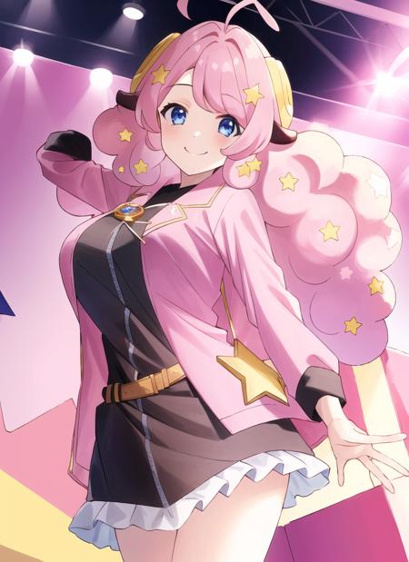 (masterpiece:1.3), (best quality:1.2),moa,1girl,solo,huge_breasts,pink hair,long hair,star (symbol),hair ornament,blue eyes,star hair ornament,horns,animal ears,smile,sheep horns,ahoge,labcoat scientist chemistry holding beaker