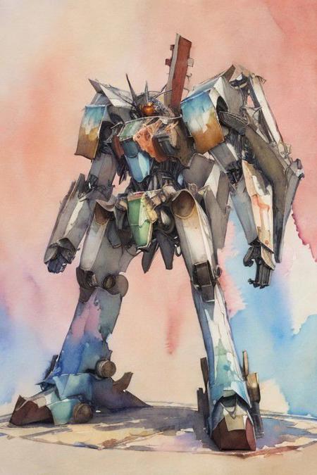 (watercolor art:1.5), 2d artwork, line art, cenptual art, a mecha robot, cybernetics, stainless steel finishes and rusted steel, <lora:Llebbeuswoods
:1.5>