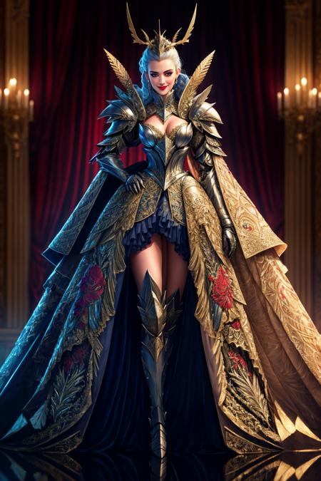 Masterpiece, absurdres,HDR,8k,best quality,smiling
([edgMothKnight|Haute_Couture]::0.5)
edgMothKnight,Haute_Couture designer dress, embroidery,fashion show background,   armor, hand on hip,  feathers, lipstick, shoulder armor, gauntlets, breastplate, moth_knight,cowboy shot
 <lora:MothCouture:0.75>