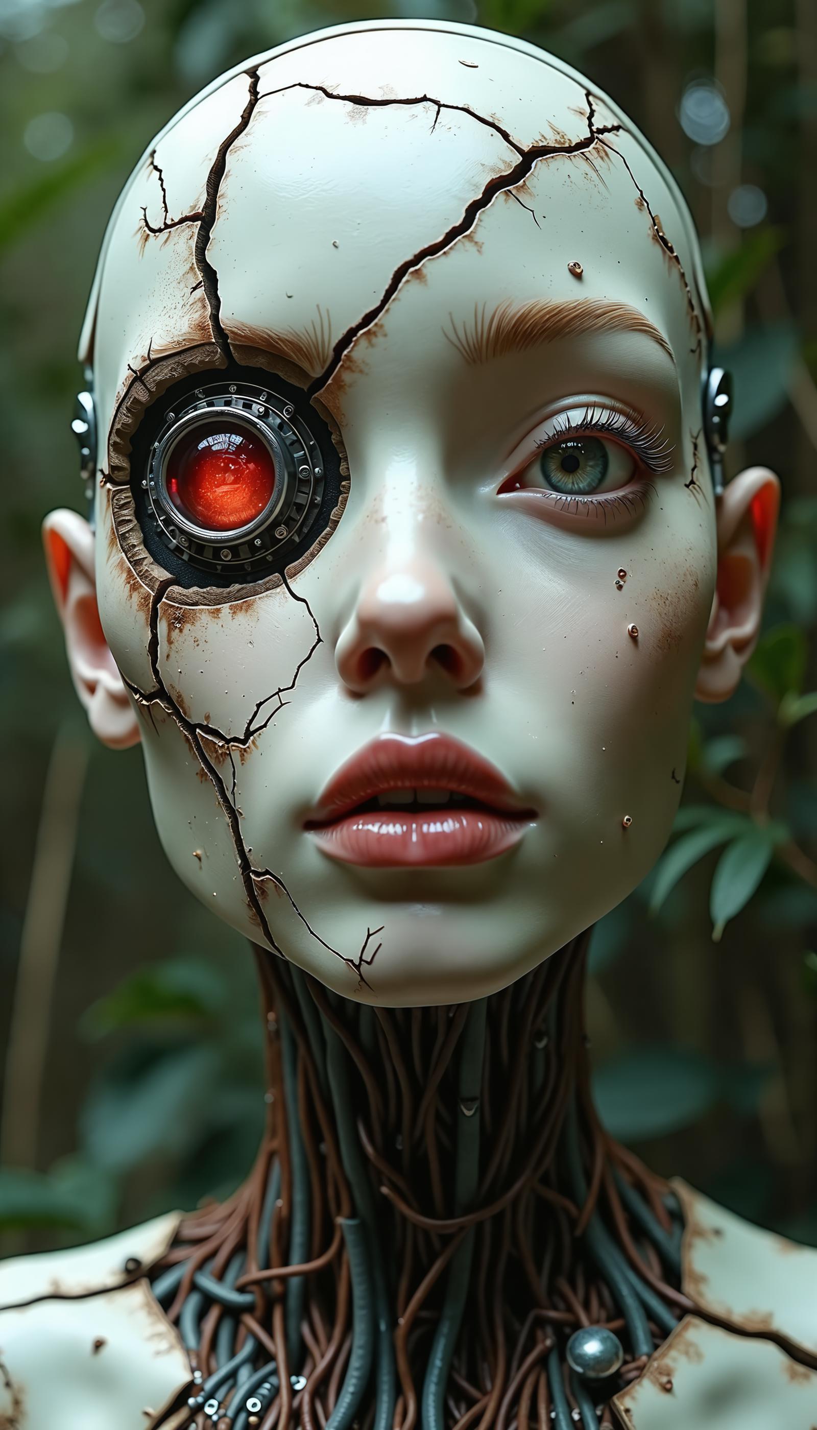 Retro-futuristic android portrait, cracked porcelain-like face with exposed cybernetics. Hyper-realistic human eyes, one framed by intricate mechanical eyelid. Weathered off-white surface, etched with fine fracture lines and rust stains. Soft, lifelike lips contrast with synthetic skin. Segmented panels reveal glimpses of complex circuitry beneath. Delicate nose sculpted with artificial precision. Visible joints and seams along cheekbones and forehead. One eye socket houses glowing red sensor. Tangle of obsolete wires and tubes at neck. Lush, overgrown backdrop hints at post-apocalyptic setting. Harsh, dramatic lighting emphasizes textures. 1980s-inspired cyberpunk aesthetic meets baroque detailing. Ultra-high resolution, photorealistic rendering.