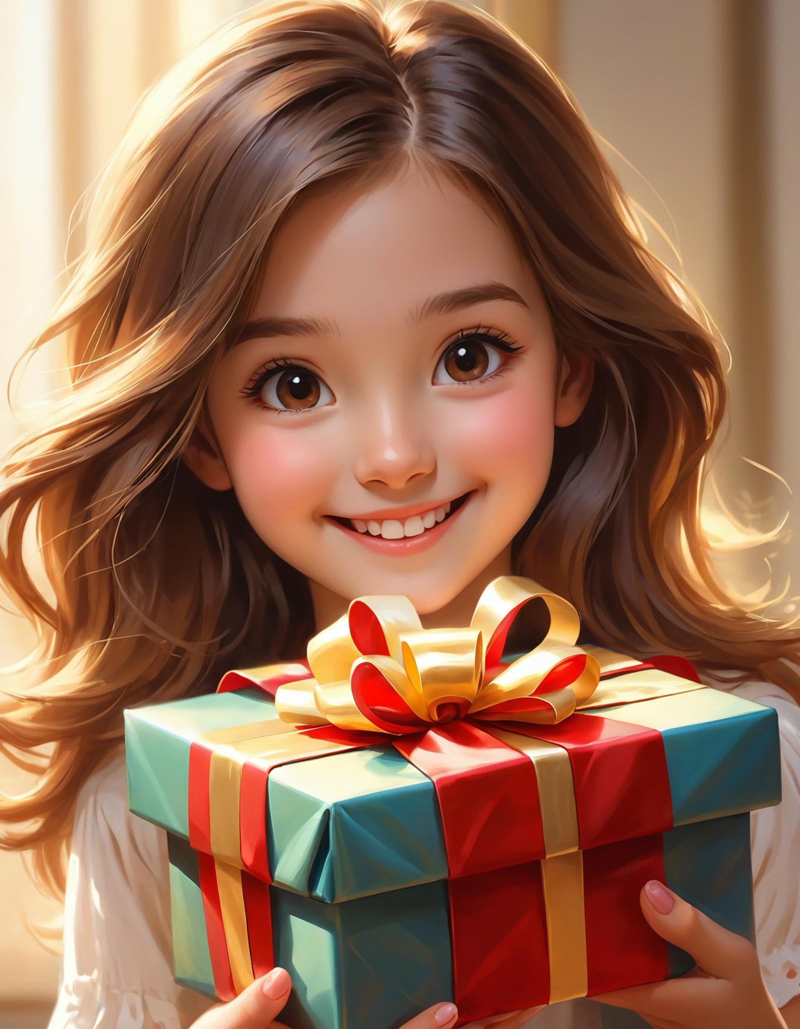 A woman is smiling and holding a blue and red gift box.
