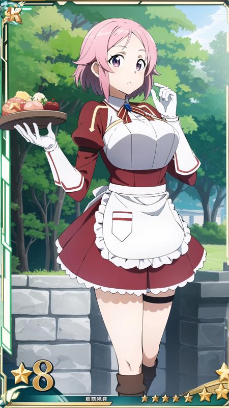 lisbeth, 1girl, solo, short hair, skirt, hair ornament, red eyes, gloves, long sleeves, ribbon, pink hair, pleated skirt, boots, hairclip, white gloves, pink eyes, armor, apron, red ribbon, neck ribbon, thigh strap, red skirt, brown footwear, frilled skirt, white apron, freckles, breastplate