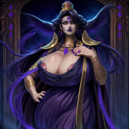 middle-aged, woman, dark purple robe outfit, jewelry, crown, long dark purple hair, purple lipstick, yellow eyes