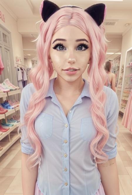 modelshoot style, belle delphine at shopping wearing a blue shirt