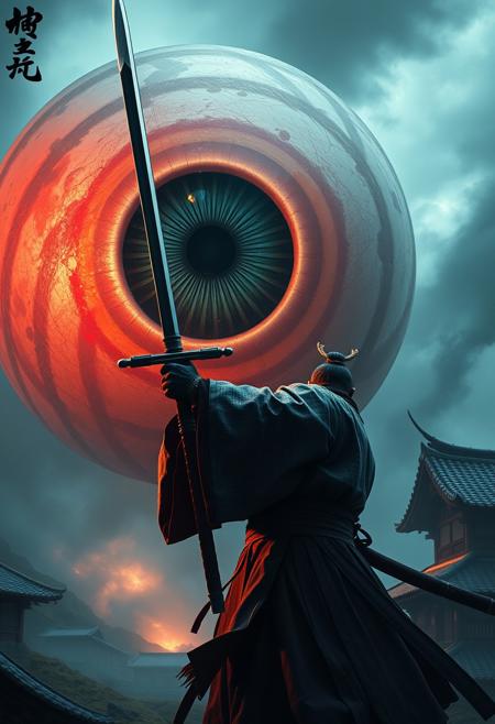 cinematic, 32k, hyper detailed, a korean warrior holding a sword against a giant eyeball, long sword, korean costume, korean village