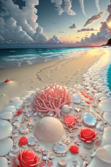 delicate scene,depth of field, 8K, The ivory sky,white clouds,and sunlight shine on the snow-white beach. The coral lsea,pearls,and many colorful shiny large shells on the beach,red roses, roses focus, <lora:FairyTaleV1a_SD1.5:0.7>`