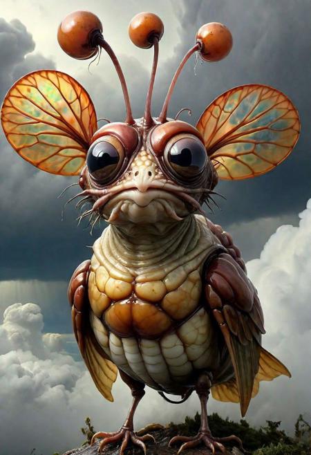 famous artwork by (brian despain:1.3) and (ben wootten:1.4) and (sandra everingham:1.1), (close shot on head) detailed expressive eyes, fantasy style, (fractal art:0.44), dramatic sky, this image shows the airborne resentful woodgrabbler, an ethereal and mysterious (invertebrate:1.2) with enormous (iridescent:1.2), worbleflanked (gas bladders:1.2), it navigates the clouds in the dense atmosphere of the (tempestuous:1.4) alien planet cloudberry with ethereal frondling grace