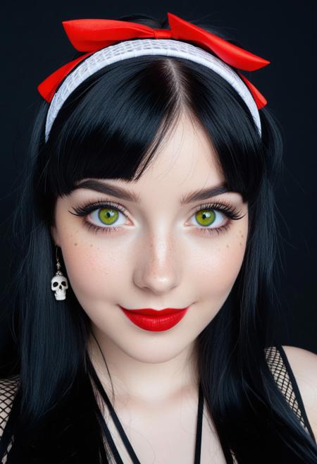 score_9, score_8_up, score_8, score_7_up, score_7, 1girl, 25yo, (heterochromia eyes, red eyes, yellow eyes, green eyes, blue eyes:1.5), medium breasts, black hair, fringe, side bangs, black hair streaks, red headband, white skin, skull ornament, red bow, black top, fishnet top, black fabric, freckles, star freckles, looking down, red lipstick, glossy lips, smile, upward angle, intense gaze, black eyeliner, long eyelashes, dark eyebrows, white headband, black skirt, gothic style, black makeup, dark theme, red accessories, elaborate hair, freckled cheeks, dark makeup, detailed eyelashes, red headpiece, gothic fashion