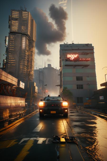 a street with a car parked on the side of the road and a sign that says no regets, Doc Hammer, unreal engine 5, a screenshot, photorealism, building, city, city_lights, cityscape, cloud, evening, fire, ocean, outdoors, river, scenery, ship, sky, sun, sunset, twilight, water, watercraft , 2077_Style