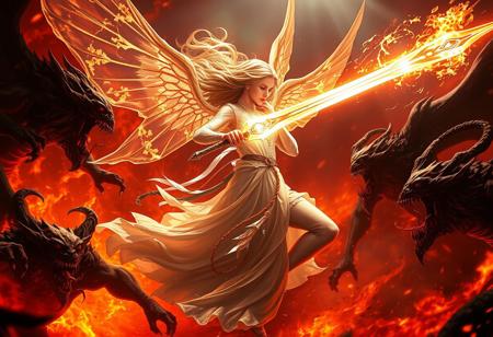 Seraphine,ethereal and radiant,wielding a celestial blade of shimmering light,battles ferocious demons in a fiery abyss. Dynamic,dramatic lighting. Art by Greg Rutkowski,Alphonse Mucha. Concept art. Trending on ArtStation. 8k resolution. Extremely detailed.,
