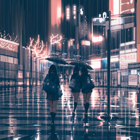 (masterpiece:1.2), best quality,PIXIV, 
style by snatti, 2girls, umbrella, multiple girls, rain, blurry, bag, outdoors, skirt, depth of field, reflection, from behind, shared umbrella, kneehighs, walking, holding, black hair
 <lora:style by snatti:1>