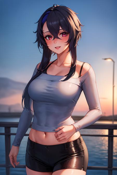 1girl,casual outfit ,(best quality, high quality, high resolution), realistic, ultra-detailed, highly detailed face features, absurdres,  realistic lighting and reflections, highly detailed face features, see through shirt, best photo,high quality illustration,<lora:Foch:0.6>