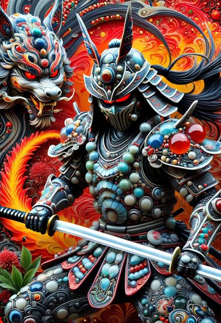 made of marbles, , A cybernetic samurai with a sleek metallic mask, traditional armor covered in graffiti, and a katana dripping with neon-red energy,  hidden wonders,street art, surreal vista, swirling patterns, solitary figure, layers of meaning, intricate relationships, close-up of flora, fantastical creatures, fiery reds