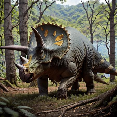 perfect exposure, colorful, masterpiece, best quality, <lora:Triceratops_Dinosaur_Dim32_Anime:1>, Triceratops_Dinosaur,  Jurassic jungle,