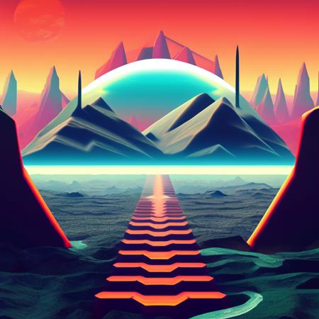 (retrohorizon style:1) an image of a futuristic landscape with mountains in the background <lora:djzRetroHorizonV21_LoraBooth:1>