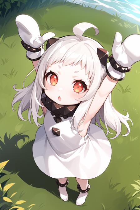 1girl,<lora:Hoppo:1>, hoppo, white dress, mittens, ahoge, outdoors, :o, from above, arms up,