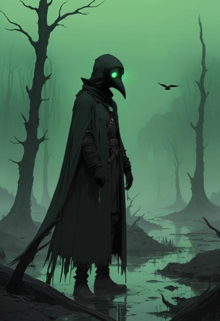 Chilling digital art of a plague doctor, bird-like mask with green pus, long black coat, eerie swamp background with dead trees, greenish fog, soft diffused lighting, plague-era horror theme. in the style of moebius  <lora:- SDXL - vanta-black_contrast_V3.0:0.5> <lora:Moebius (Jean Giraud) Style:0.6> Moebius (Jean Giraud) Style page <lora:zavy-cntrst-sdxl:0.5> dark, chiaroscuro, low-key <lora:add-detail-xl:0.65>