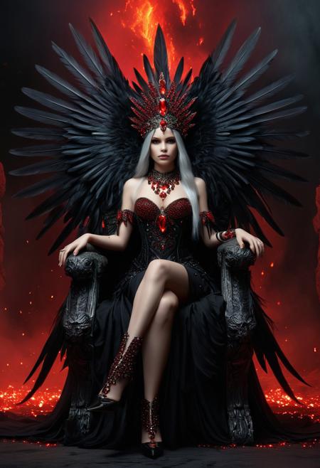 A dark fantasy digital artwork depicts a female figure seated on a 
dark throne with intricate metallic designs resembling dragon scales. The central character has long 
gray hair cascading dramatically around her. She wears an elaborate dress adorned with shiny red crystals and intricate metallic designs, 
dark feathered wings spread symmetrically behind her, 
decorated with bright red crystals and metallic elements. Each wing is composed of countless black feathers. 
The woman's head is crowned with a radiant halo of intense red crystals, 
forming a striking headdress that extends upwards. Her body is adorned with matching jewelry, 
including a prominent red crystal anklet on her left foot. The throne itself features two large skulls positioned on its armrests,
each held by one of the character's hands. The background is swirling clouds and embers, 
enhancing the eerie atmosphere. Around the throne are many scattered human skulls, drowned in darkness, 
rocky terrain, 
adding to the sinister ambiance. The scene takes place in a foggy context, 
smoky backdrop, 
contributing to the mystical yet eerie feeling. Dramatic lighting highlights the central figure while casting deep shadows. highly saturated visual effect that emphasizes the surreal and gothic aesthetic.