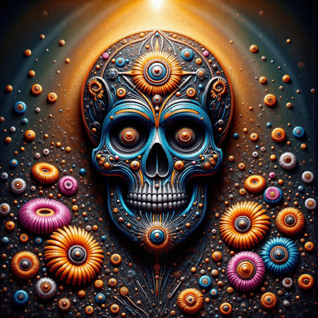 DSLR photo, Staggeringly beautiful  Create a stunning, hyperrealistic image featuring a beautifully crafted sugar skull at its center, adorned with intricate patterns and vibrant colors that pop against a lush backdrop. Surround the skull with an explosion of bright, colorful flowers—peonies, daisies, and marigolds—each petal glistening under golden sunlight that filters through a soft, dreamy atmosphere. The background is a blend of rich greens and ethereal blues, creating a lively but harmonious scene. The sugar skull should have expressive, mesmerizing eyes, conveying a sense of life and celebration, while the flowers seem to sway gently, as if caught in a warm breeze. The overall atmosphere should radiate joy and artistry, inviting viewers to marvel at the details in an ultra-high-definition style.