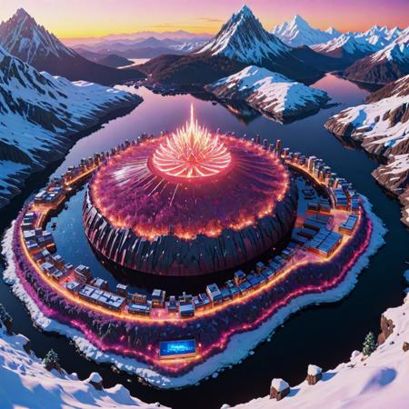 (designed by Kunio Okawara:1.2) and (Akira Toriyama:1.0) and (KÅji Morimoto:1.3) and (Atey Ghailan:1.0) , anime key visual, Futuristic mountains and water, highly detailed, top-down view of a Art Brut Exotic ("Christmas Wishes":1.3) , simple Flirty background, at Sunset, Panorama, Fearful, Astropunk, cinematic lighting, telephoto lens, Polychromatic, dark pink flakes, poster art, award winning, dslr