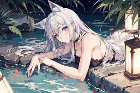 <lora:ligneClaireAnimeStyle_v1:0.65>, masterpiece, best_quality, ultra_detailed, illustration, volumetric_light, clear_focus, from_side, close_up, 1girl, fox_ears, medium_breasts, silver_hair, long_hair, crossed_bangs, head_wreath, purple_eyes, slite_pupils, seductive_smile, bell_choker, collarbone, cleavage, anklet, barefoot, fox_tail:1.2, naked, lying_in_water, hot_spring, petals_on_liquid, stone_floor, lantern, upper_body,