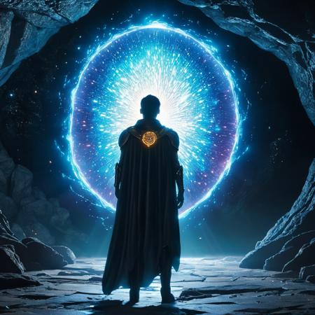 <lora:2020s_Sci-Fi_MovieSDXL:1> ArsMovieStill, Movie still from a 2020s Sci-Fi movie, The image shows a human male wearing armor and a (((cosmic cape shimmering of a thousand galaxies))) on his back, standing in front of a large tree in a cave surrounded by rocks and illuminated by lights, with radiant beams of light. The tree is a representation of the concept art of the movie, the tree of life, solo, tree, 1boy, scenery, standing, short hair, water, silhouette, from behind, reflection