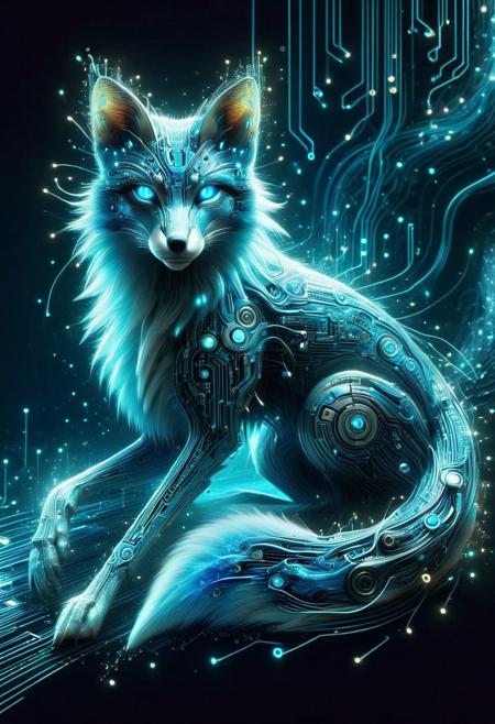 wm_cyber, holographic fox, translucent circuitry forming elegant contours, glowing neon-blue digital veins, sleek futuristic body, tail morphing into a scrolling holographic banner of ancient binary code, luminous fractal-patterned eyes, soft ambient cyber glow, sci-fi fantasy aesthetic, neon-lit mist swirling around, digital energy flowing through fur, ethereal yet powerful presence, ultra-detailed, hyper-realistic, cinematic lighting, bioluminescent cyberpunk dreamscape