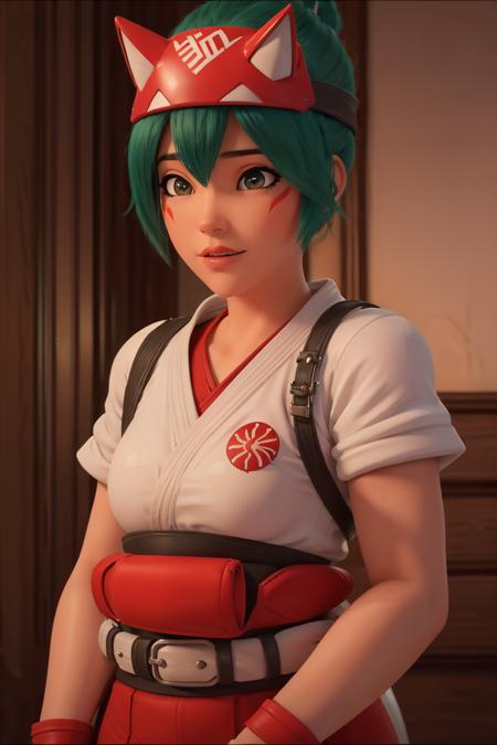 realistic, realism, photorealism, photo-realistic, high contrast, (photorealistic:1.4), 8k high definition detailed realistic, (best quality, masterpiece:1.2), NSFW,  photon mapping, radiosity, physically-based rendering, best quality, highly detailed, 1girl, (owkiriko), kiriko \(overwatch\), green hair, red headwear, (red leggings), standing, street, outside, sneakers, dougi, upper body,