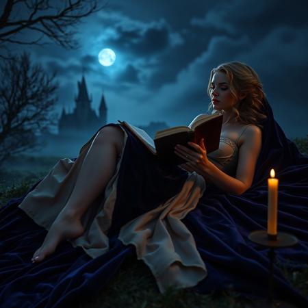 Cinematic fantasy photography, princess reclining on velvet cloak, gown unbound to reveal silk chemise beneath, bare feet arched delicately, holding open journal with intimate writings, dramatic chiaroscuro lighting, setting: moonlit clearing before storm, castle towers visible through mist, mood: anticipatory vulnerability, lighting: single candle with moonlight rim glow, color theme: sapphire and silver, camera: Arri Alexa 65, in the style of Annie Leibovitz fairy tales