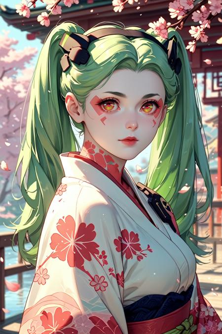 ERRebecca, 1girl, green hair, twin tails, red pupils, colored sclera, white skin, red tattoo