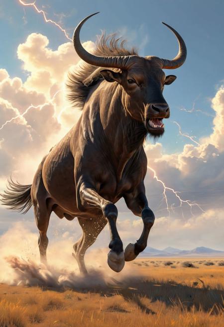 Realistic painting of a male wildebeest galloping powerfully across a vast steppe, with dynamic ray tracing capturing the sunlight filtering through an expansive sky, by artists inspired by the detail and lifelikeness of George Stubbs and the dynamic compositions of Frederic Remington, cinematic composition, trending on ArtStation
BadDream, anzhcdreamwave, aesthetic, glowneon, glowing, sparks, lightning