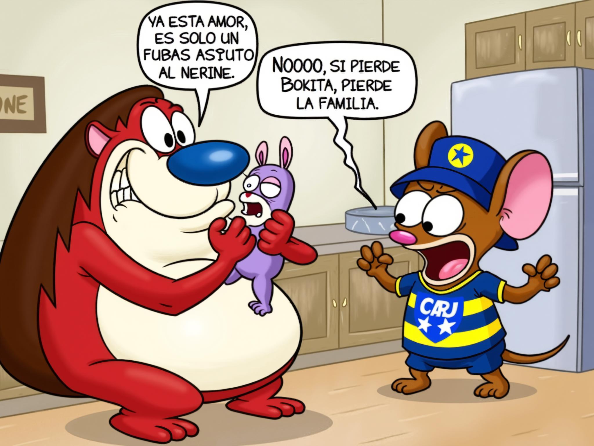 This image is a digitally drawn cartoon scene featuring two anthropomorphic characters, each with exaggerated, expressive features. On the left, a character with fear, resembling a large, round, blue-nosed creature with a white face, is depicted holding and protecting a small baby. The baby has a blue nose, white face, and large, expressive eyes, suggesting a distressed or crying expression. The baby is dressed in a purple onesie. The cartoon character's arms and hands are large and white, with long, red, rubbery-looking fingers. The creature's head is disproportionately large compared to its body, which is red and round and have human long brown hair. On the right, a character, a brown anthropomorphic mouse, is depicted in a dynamic pose with one paw raised in a fist and the other bent at the elbow. The mouse has large, exaggerated eyes pink with angry and a wide, toothy grin. It is wearing a blue and yellow striped jersey with the initials "CABJ" on the front, which is likely a reference to a soccer team. The jersey also features a blue shield with a white star pattern on the chest. The mouse is wearing a blue bucket hat with a yellow band and the same "CABJ" logo. The background is a simple, light-colored room with wooden flooring in a domestic kitchen. Text in Spanish is present in the image, with one speech bubble from the left character reading, "YA ESTA AMOR, ES SOLO UN PARTIDO DE FUTBOL, ESTAS ASUSTANDO AL NENE", and the other speech bubble from the right character reading, "NOOOO, SI PIERDE BOKITA PIERDE LA FAMILIA"<lora:flux\estilos\Flux.renandstimpySTYLE.safetensors:1.0:1.0>