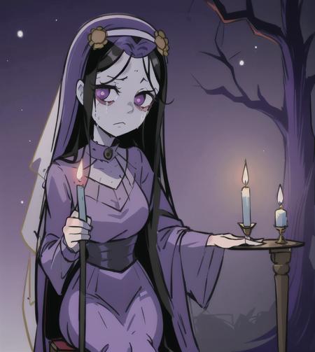 best quality, masterpiece,   <lora:Misery_ruby_gloom:1> Misery_(ruby gloom), blue skin, colored skin, purple dress, light purple bodice, white collar, purple veil, shepherd cane with a skull lantern, long hair, black hair, thin eyebrows, crying, bags under eyes, sitting, chair, tomb, candle, candlelight, relaxing